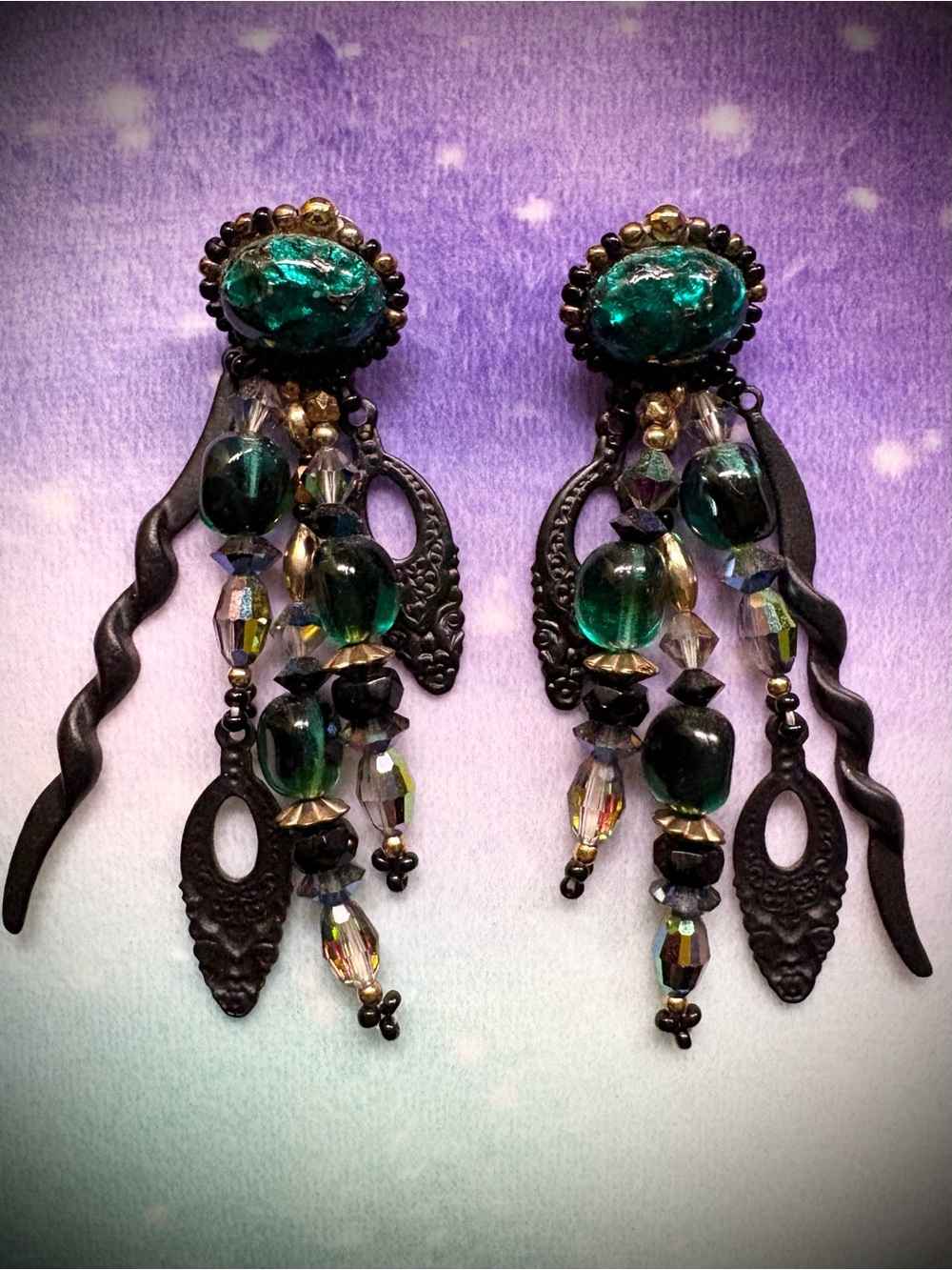 Vintage Chipita Green Beaded Earrings pierced